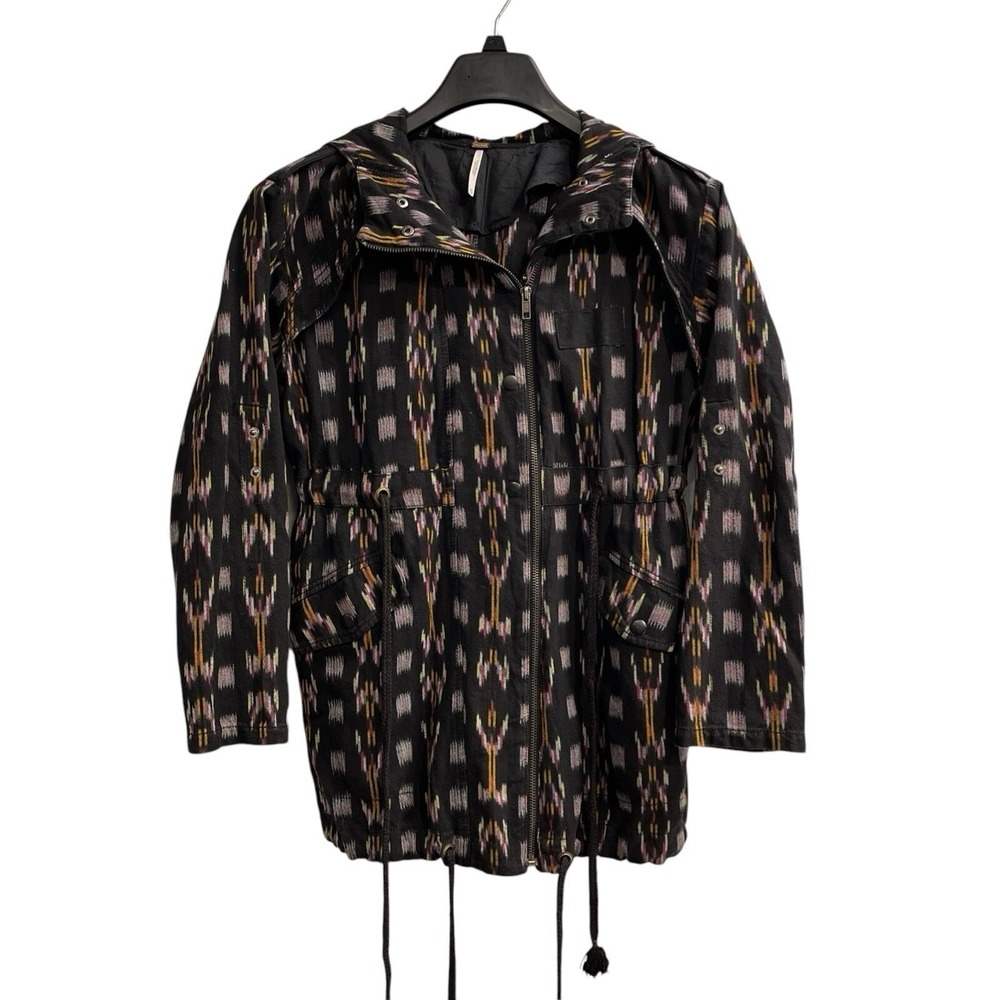 Free People Jacket Black Ikat‎ Parka Oversized Boxy Size XS Southwestern Aztec